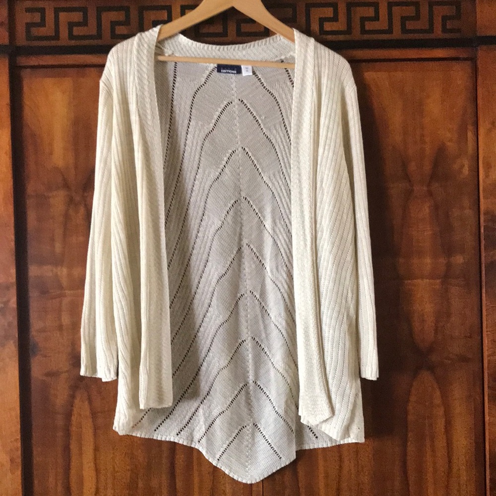 Basic Editions XXL Cream Open Front Cardigan Chevron Knit Long Sleeve - Picture 3 of 11